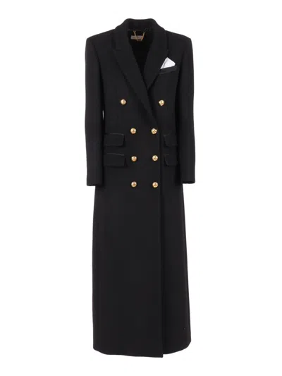 Elisabetta Franchi Long Double-breasted Coat With Gold Buttons In Black