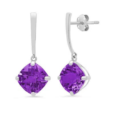 Maxcolor 14k White Gold Solitaire Cushion-cut Gemstone Drop Earrings (8mm) In Purple
