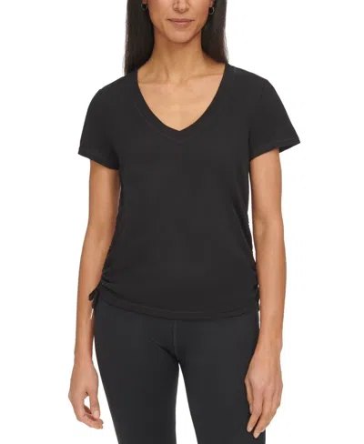 Calvin Klein T-shirt Women Black Textured V-neck Drawstring Ruched Top Fts564 In Black