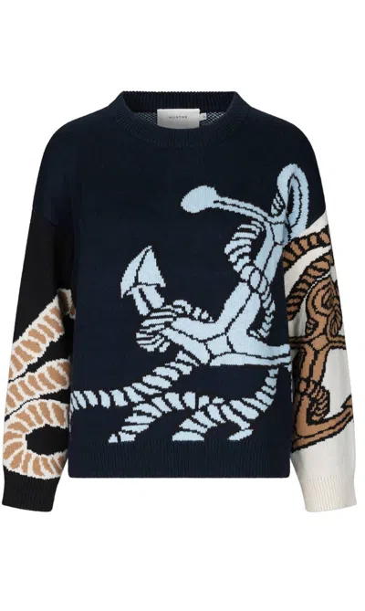 Munthe Women's Anchor Knit Long Sleeve Sweater In Blue In Black