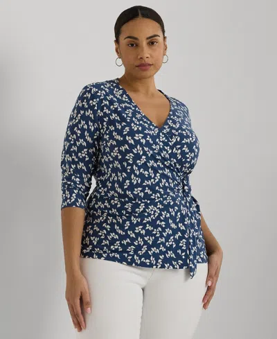 Ralph Lauren Jersey Top Womens Blue White Floral Surplice Neck Buu675 In Blue
