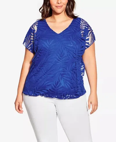 Avenue Elora Burnout Top Women's Marine Floral Sheer V-neck Fts1175 In Blue