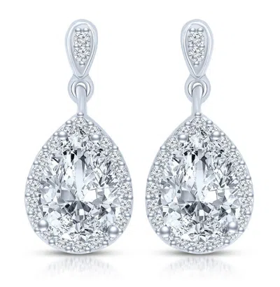 Rachel Glauber White Gold Plated With Clear Pear Round Cubic Zirconia Halo Teardrop Earrings In White