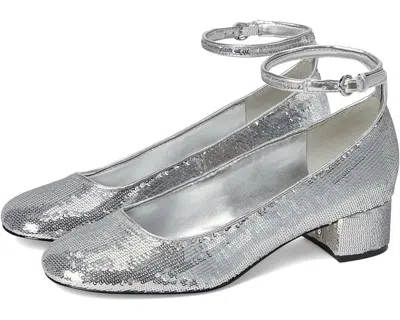 Nine West Amaize Dress Pump Women's Silver Sequin Block Heel Ankle Strap Ver279 In Silver