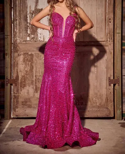 Portia And Scarlett Plunged Neckline Evening Gown In Hot Pink In Pink