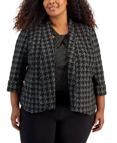 Kasper Blazer Women's 20w Plus Black Houndstooth Open Frontsleeve Fts1276 In Black
