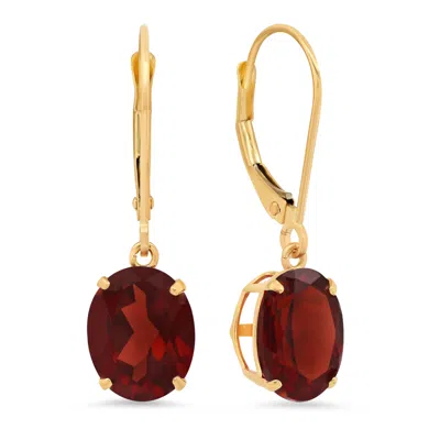 Maxcolor 14k Yellow Gold 8x10mm Oval Gemstone Dangle Earrings In Red