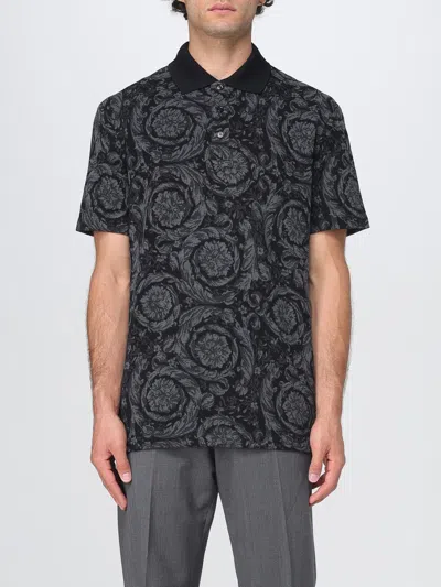 Versace Barocco Print Polo T-shirt In Grey