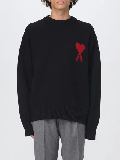 Ami Alexandre Mattiussi Relaxed Fit Black Wool Turtleneck Sweater With Graphic Heart Motif In Black