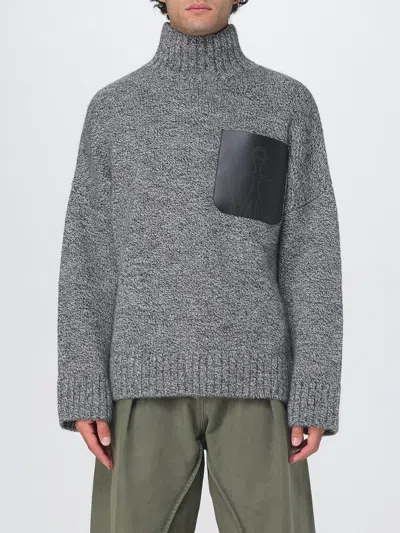 Jw Anderson Grey Sweater With High Neck And One Front Patch Leather Pocket In Wool Blend Man In Gray