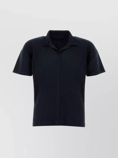 Issey Miyake Pleated Black Polo Shirt With Boxy Silhouette In Blue