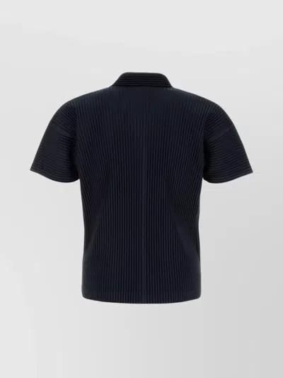Issey Miyake Pleated Black Polo Shirt With Boxy Silhouette In Blue