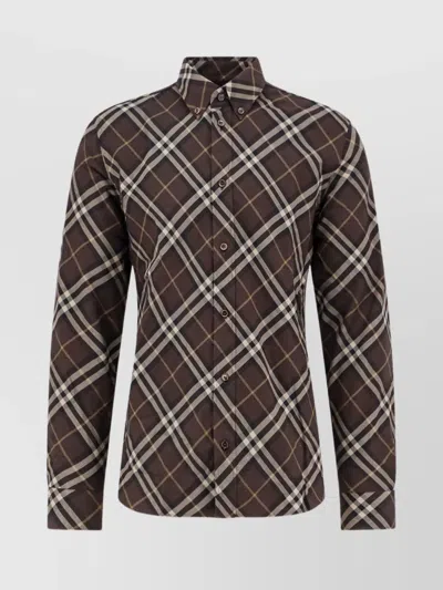 Burberry Long Sleeve Button-down Shirt With Plaid Design In Brown