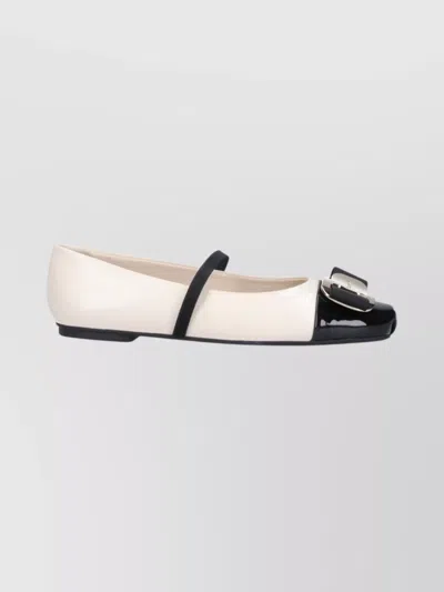 Ferragamo Bicolor New Vara Plate Ballerinas In White