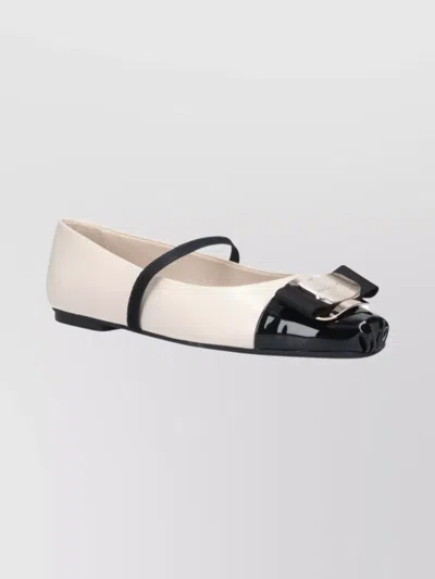 Ferragamo Bicolor New Vara Plate Ballerinas In White