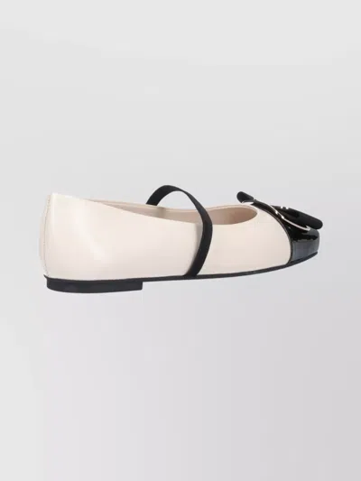 Ferragamo Bicolor New Vara Plate Ballerinas In White
