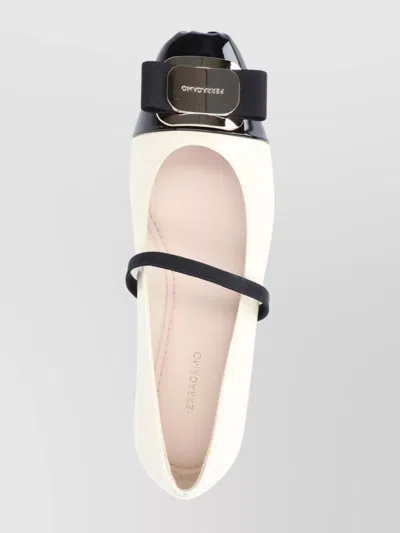 Ferragamo Bicolor New Vara Plate Ballerinas In White