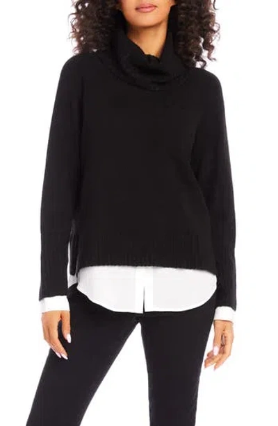 Karen Kane Mixed Media Layered Turtleneck Sweater In Black