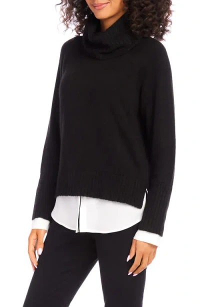 Karen Kane Mixed Media Layered Turtleneck Sweater In Black
