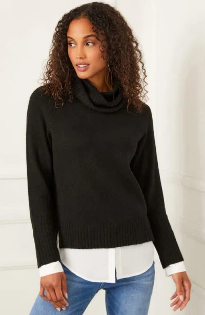Karen Kane Mixed Media Layered Turtleneck Sweater In Black