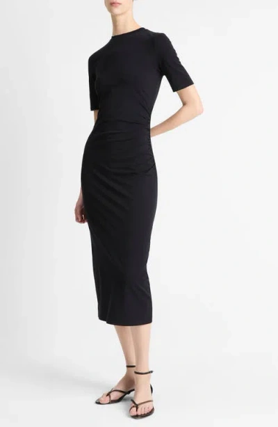 Vince Short-sleeve Ruched Jersey Midi Dress In Black