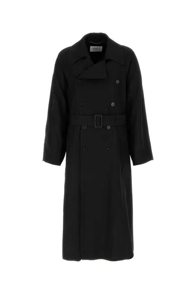 Saint Laurent Double-breasted Long Coat In Grain De Poudre In Black