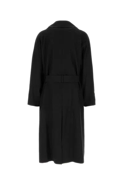 Saint Laurent Double-breasted Long Coat In Grain De Poudre In Black