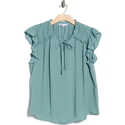 Dr2 By Daniel Rainn Satin Ruffle Split Neck Top In Gold