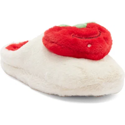 Joe Boxer Happy Strawberry Faux Fur Slipper In White