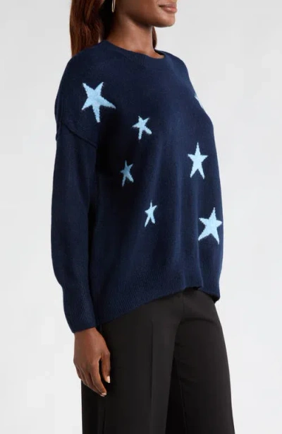 Vince Camuto Women's Cozy Crewneck Star-print Dropped-shoulder Sweater In Blue