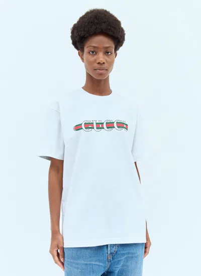 Gucci Women White Crewneck T-shirt Wth Web Print With Logo Lettering On The Front In Cotton Woman