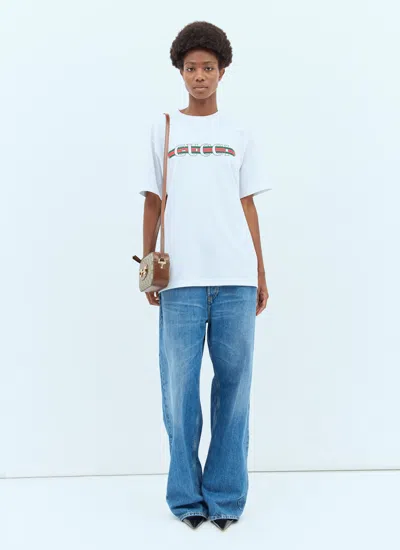 Gucci Women White Crewneck T-shirt Wth Web Print With Logo Lettering On The Front In Cotton Woman
