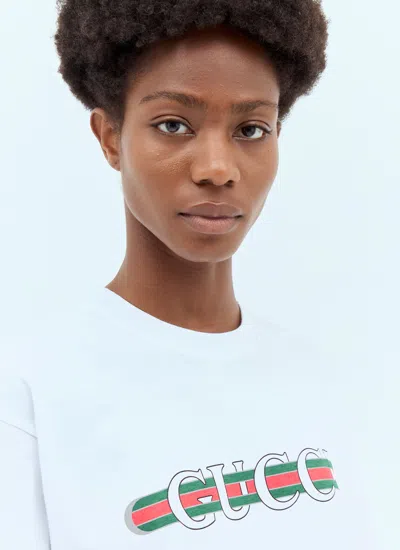 Gucci Women White Crewneck T-shirt Wth Web Print With Logo Lettering On The Front In Cotton Woman