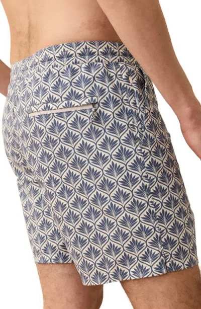 Marine Layer Leaf Print 6-inch Lined Hybrid Swim Trunks In Blue