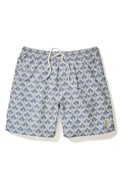 Marine Layer Leaf Print 6-inch Lined Hybrid Swim Trunks In Blue