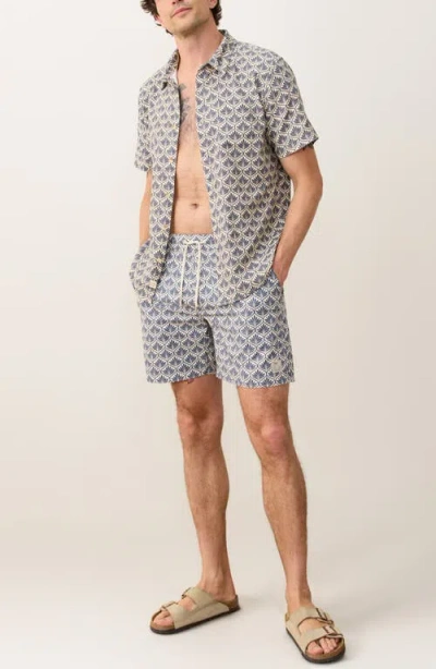 Marine Layer Leaf Print 6-inch Lined Hybrid Swim Trunks In Blue