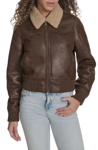 Levi's Faux Leather Bomber Jacket With Sherpa Collar In Brown