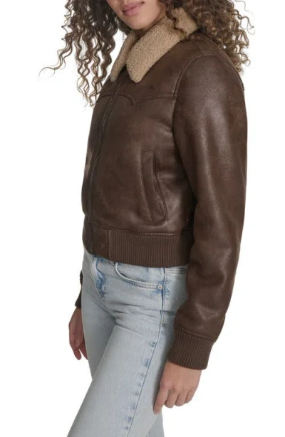 Levi's Faux Leather Bomber Jacket With Sherpa Collar In Brown
