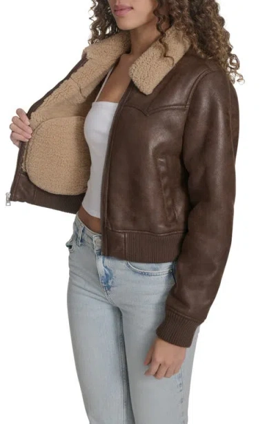 Levi's Faux Leather Bomber Jacket With Sherpa Collar In Brown