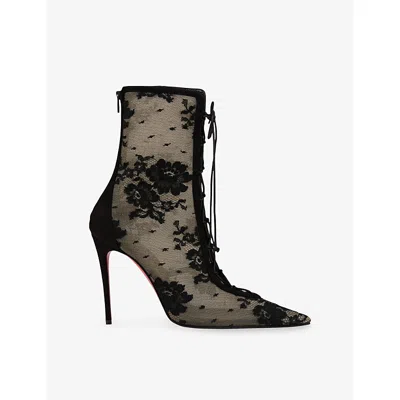 Christian Louboutin Floral Mesh Red Sole Lace-up Booties In Black