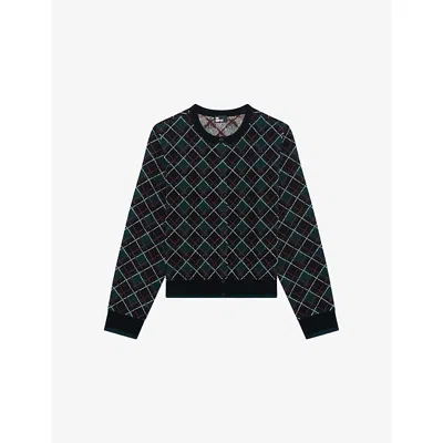 The Kooples Womens Black Dark Green Checked Slim-fit Stretch-knit Cardigan In Multi