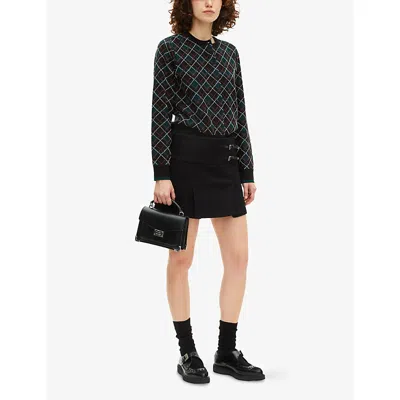 The Kooples Womens Black Dark Green Checked Slim-fit Stretch-knit Cardigan In Multi