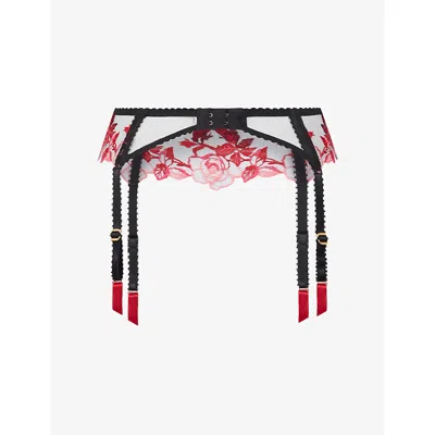 Agent Provocateur Womens Black/multi Callypso Floral-embroidered Mesh Suspender Belt In Red