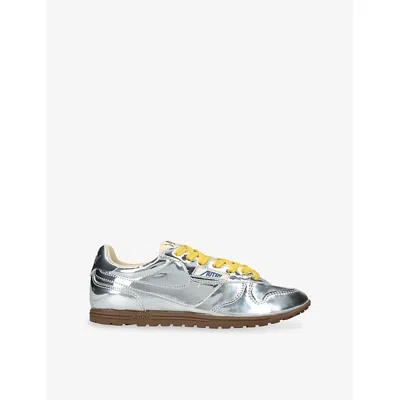 Autry Front Lace Sneakers In Bright Yellow And Shiny Silver In Silver
