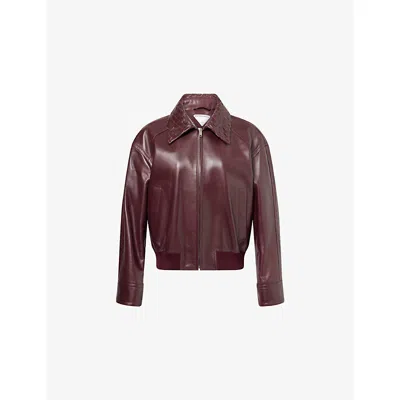 Bottega Veneta Women Bordeaux Crop Jacket With Intreccio Motif Collar And Dropped Shoulders In Leath In Brown