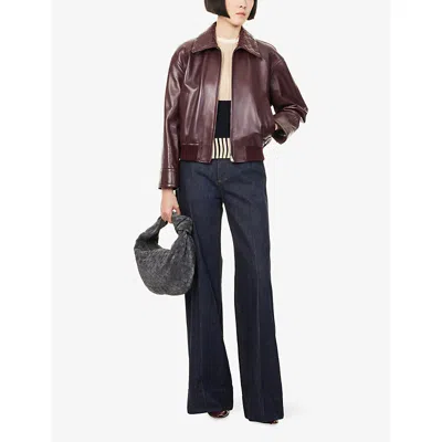 Bottega Veneta Women Bordeaux Crop Jacket With Intreccio Motif Collar And Dropped Shoulders In Leath In Brown