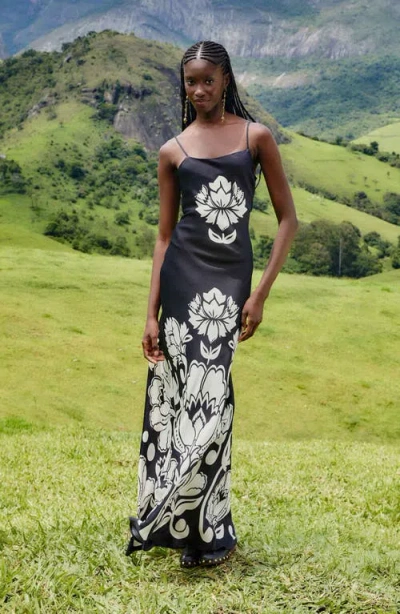Farm Rio Floral Arabesque Maxi Slipdress In Black