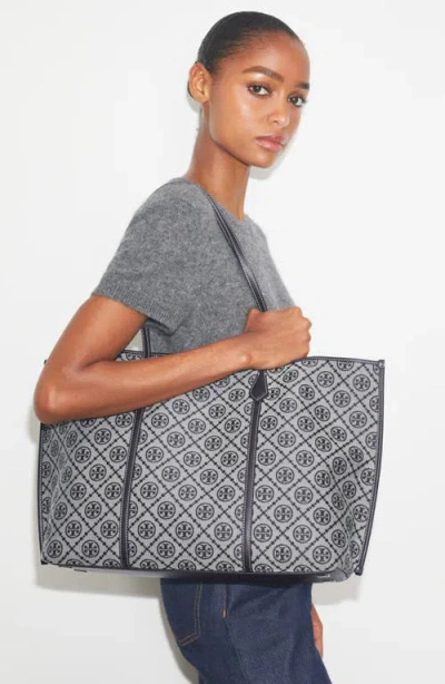 Tory Burch Perry T Monogram Jacquard Triple Compartment Tote In Blue