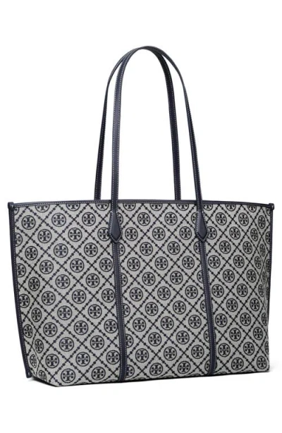 Tory Burch Perry T Monogram Jacquard Triple Compartment Tote In Blue