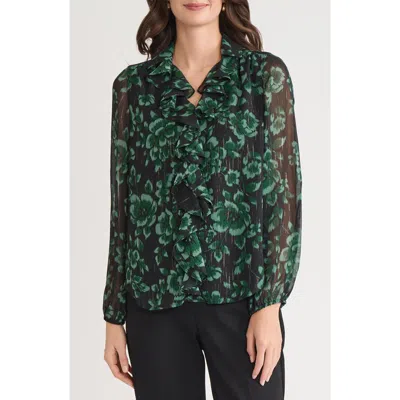Kasper Floral Metallic Ruffle Chiffon Top In Green